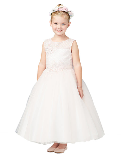 Tip Top Kids Little Girls Blush Diagonal Embroidery Lace Flower Girl Dress 2-6 - SophiasStyle.com
